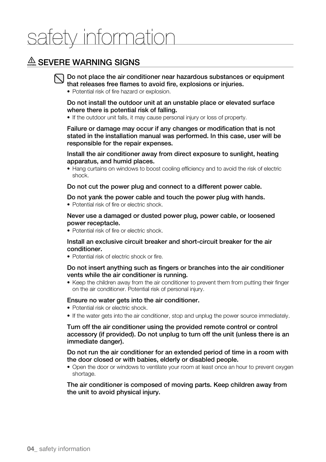 Samsung AQV12EWAN, AQV09AWBN, AQV09ABAX, AQV09ABBX, AQV12AWBN, AQV12ABBN manual Ensure no water gets into the air conditioner 