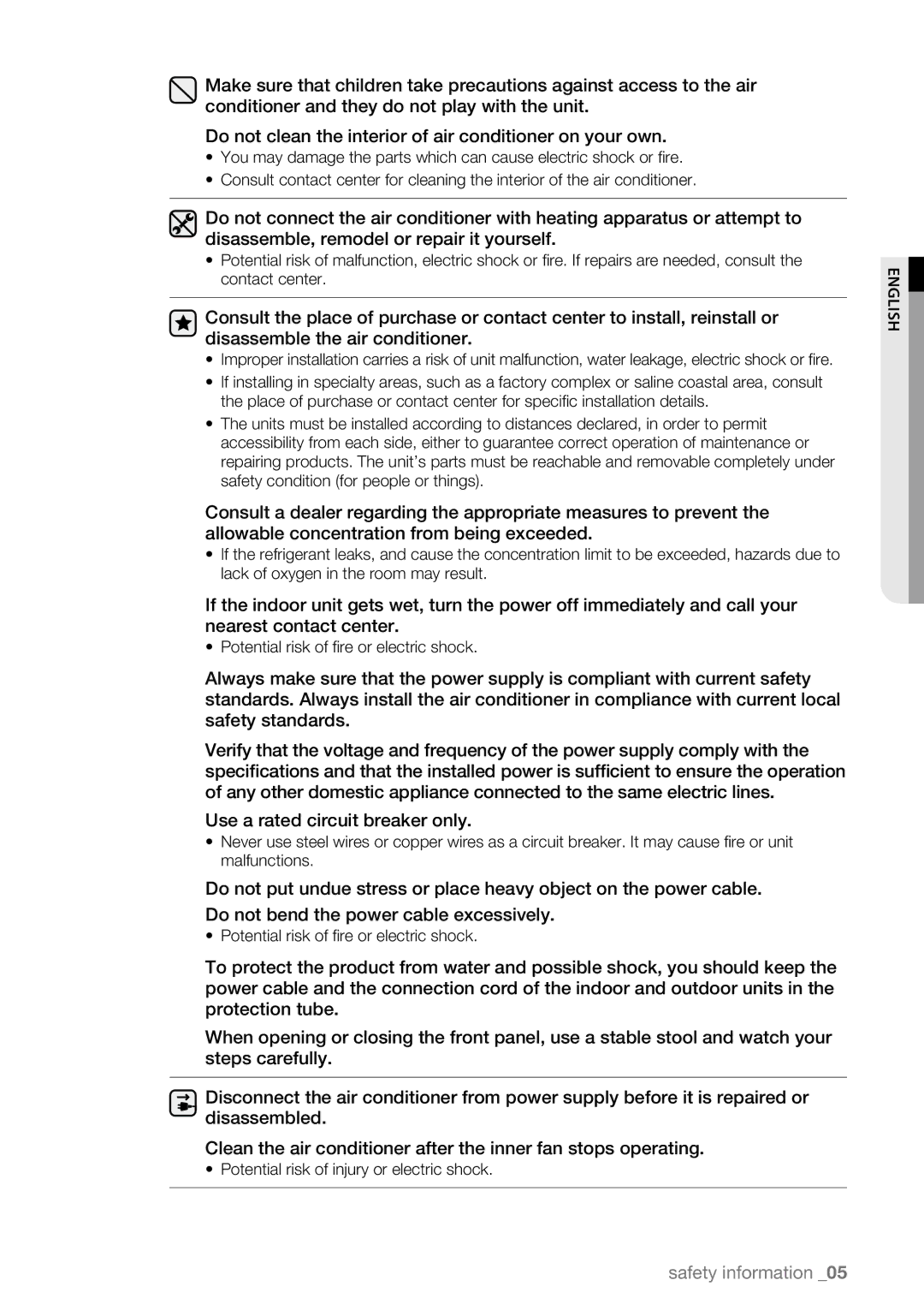 Samsung AQV12ABBN, AQV09AWBN, AQV09ABAX, AQV09ABBX, AQV12AWBN, AQV12EWAN, AQV18UGAN Potential risk of injury or electric shock 