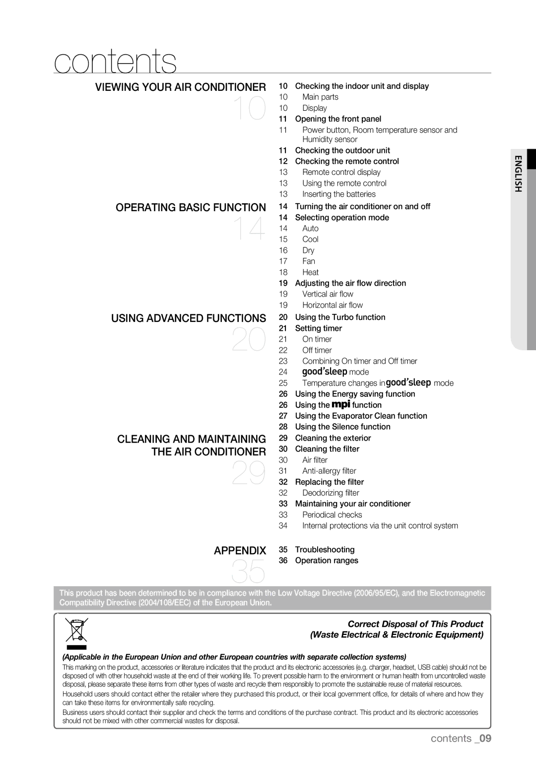 Samsung AQV09AWBX, AQV09AWBN, AQV09ABAX, AQV09ABBX, AQV12AWBN, AQV12EWAN, AQV12ABBN, AQV18UGAN, AQV12ABBX, AQV12AWBX manual Contents 