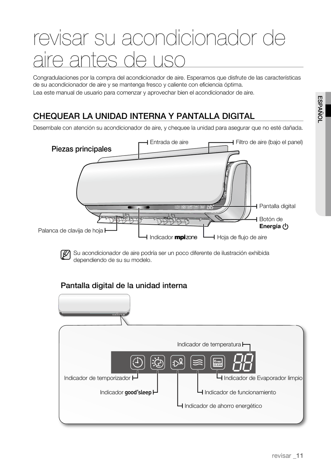 Samsung AQV12ASBX Revisar su acondicionador de aire antes de uso, Chequear LA Unidad Interna Y Pantalla Digital, Energía 