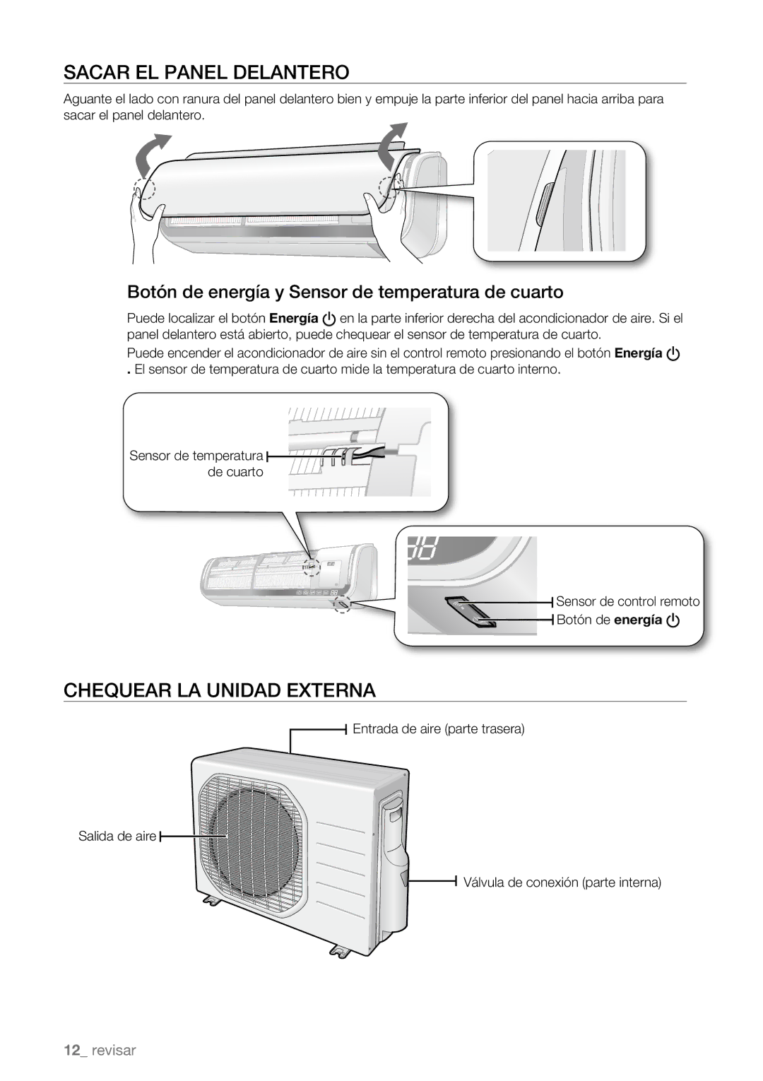 Samsung AQV09AWBN Sacar EL Panel Delantero, Chequear LA Unidad Externa, Botón de energía y Sensor de temperatura de cuarto 