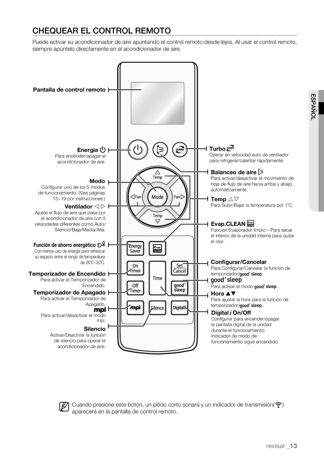 Samsung AQV09ABBX, AQV09AWBN, AQV12AWBN, AQV12EWAN, AQV12ABBN, AQV18UGAN, AQV12ABBX, AQV12AWBX manual Chequear EL Control Remoto 