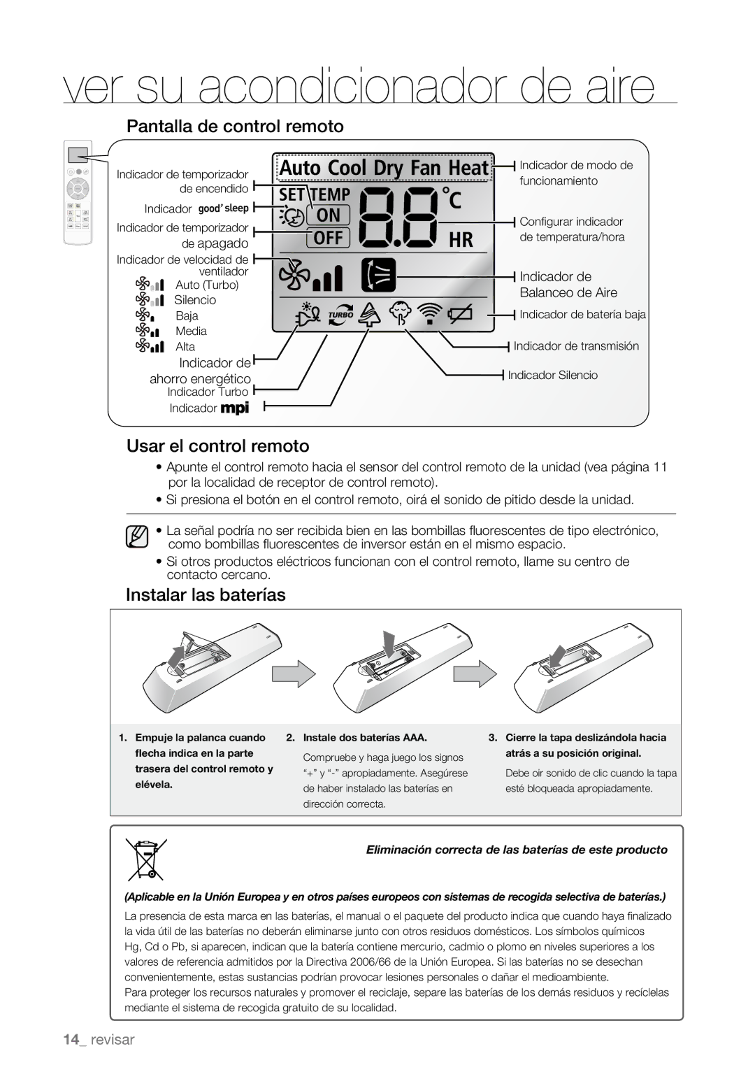 Samsung AQV12AWBN Ver su acondicionador de aire, Pantalla de control remoto, Usar el control remoto, Instalar las baterías 