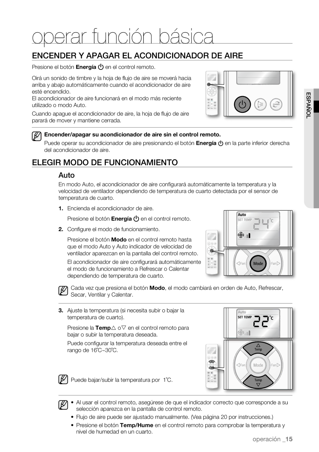 Samsung AQV12EWAN Operar función básica, Encender Y Apagar EL Acondicionador DE Aire, Elegir Modo DE Funcionamiento, Auto 