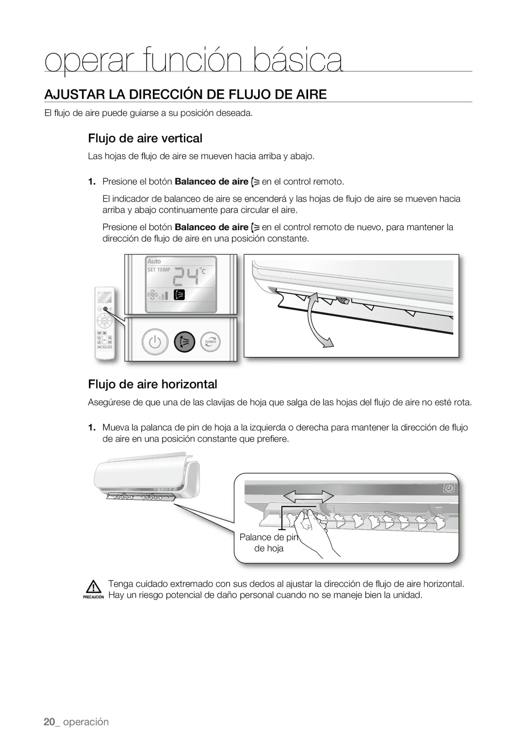 Samsung AQV09AWBX, AQV09AWBN manual Ajustar LA Dirección DE Flujo DE Aire, Flujo de aire vertical, Flujo de aire horizontal 