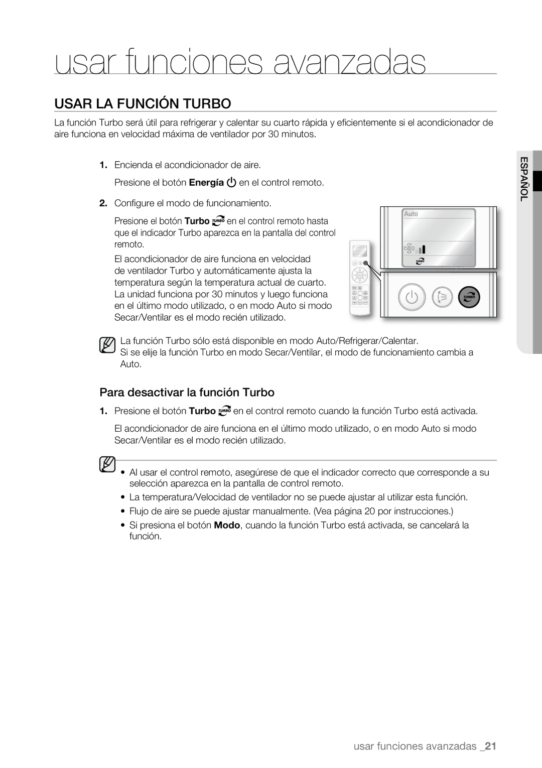 Samsung AQV09ABBN, AQV09AWBN, AQV09ABBX Usar funciones avanzadas, Usar LA Función Turbo, Para desactivar la función Turbo 