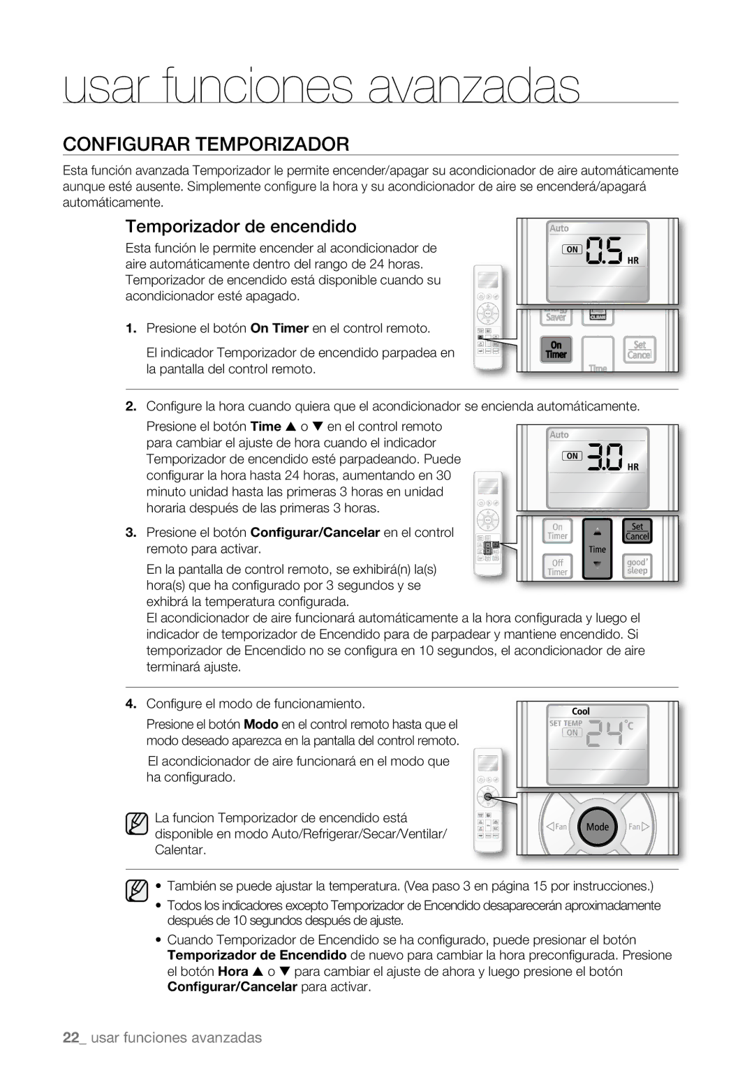 Samsung AQV12ASBN, AQV09AWBN, AQV09ABBX, AQV12AWBN, AQV12EWAN, AQV12ABBN Configurar Temporizador, Temporizador de encendido 