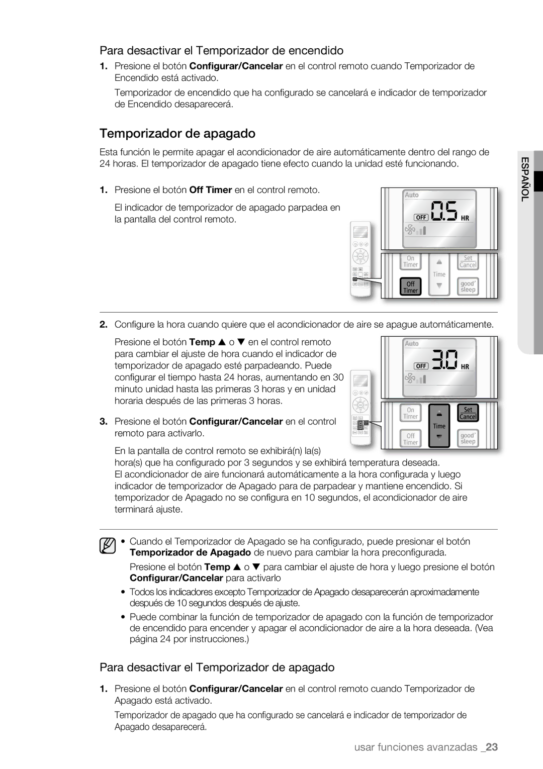 Samsung AQV12ASBX, AQV09AWBN, AQV09ABBX, AQV12AWBN Temporizador de apagado, Para desactivar el Temporizador de encendido 