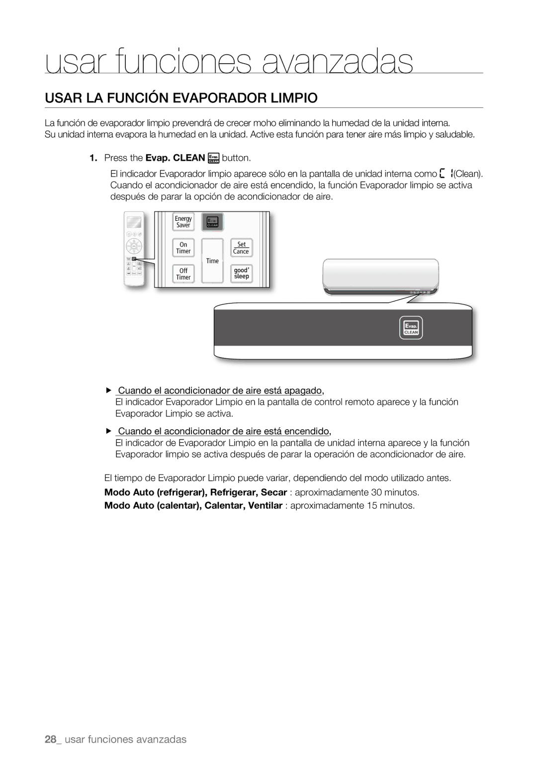 Samsung AQV12ABBN, AQV09AWBN, AQV09ABBX, AQV12AWBN, AQV12EWAN, AQV18UGAN, AQV12ABBX, AQV12AWBX Usar LA Función Evaporador Limpio 