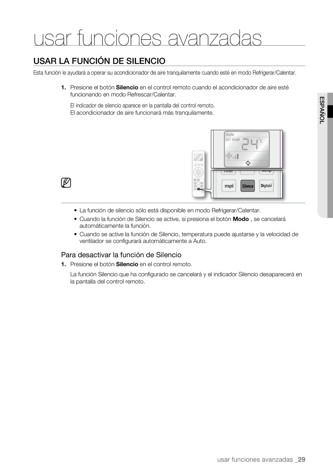 Samsung AQV18UGAN, AQV09AWBN, AQV09ABBX, AQV12AWBN manual Usar LA Función DE Silencio, Para desactivar la función de Silencio 