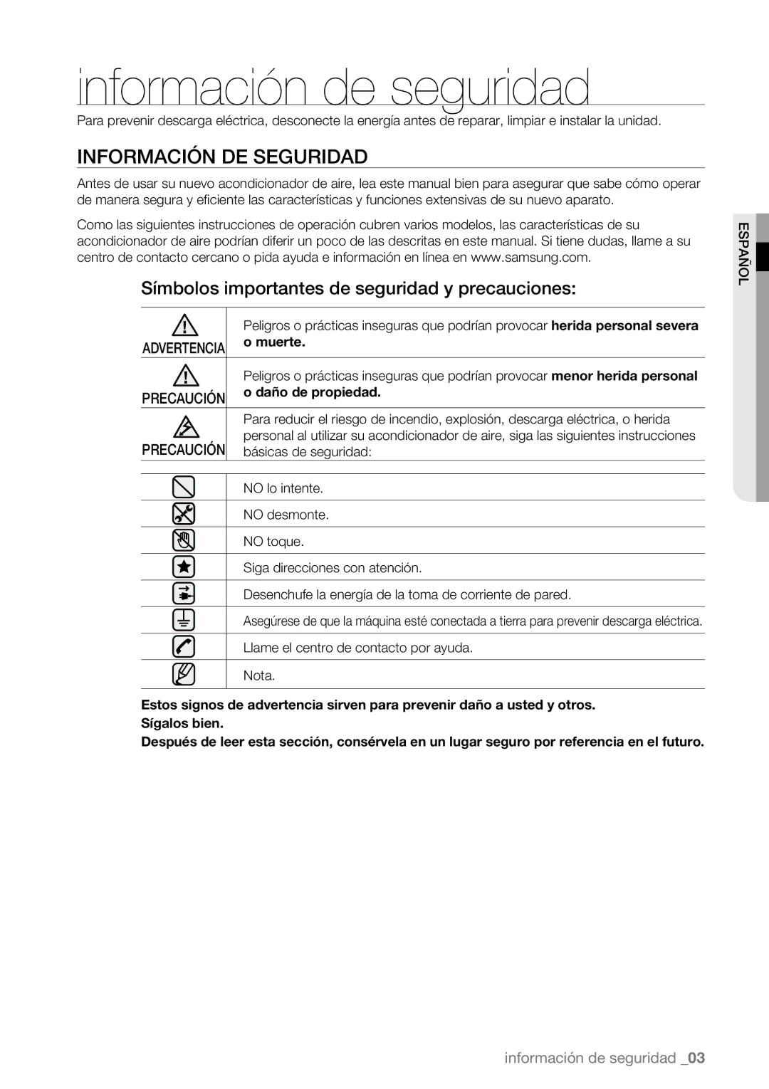 Samsung AQV12EWAN Información de seguridad, Información DE Seguridad, Símbolos importantes de seguridad y precauciones 