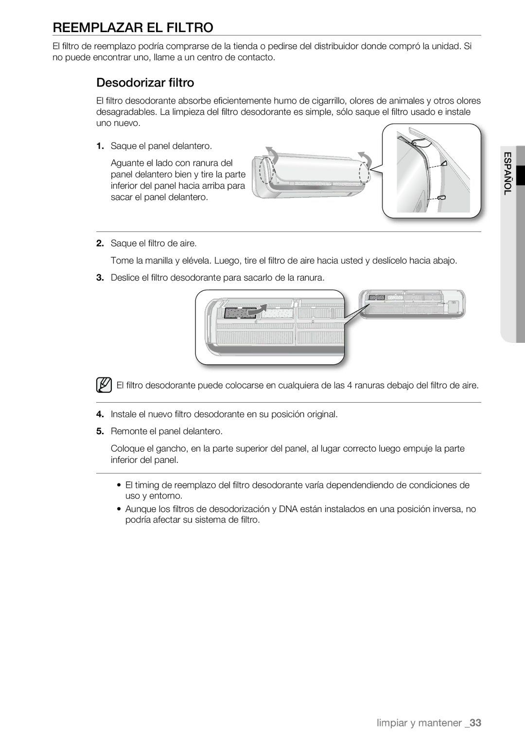 Samsung AQV09ABBN, AQV09AWBN, AQV09ABBX, AQV12AWBN, AQV12EWAN, AQV12ABBN, AQV18UGAN Reemplazar EL Filtro, Desodorizar filtro 