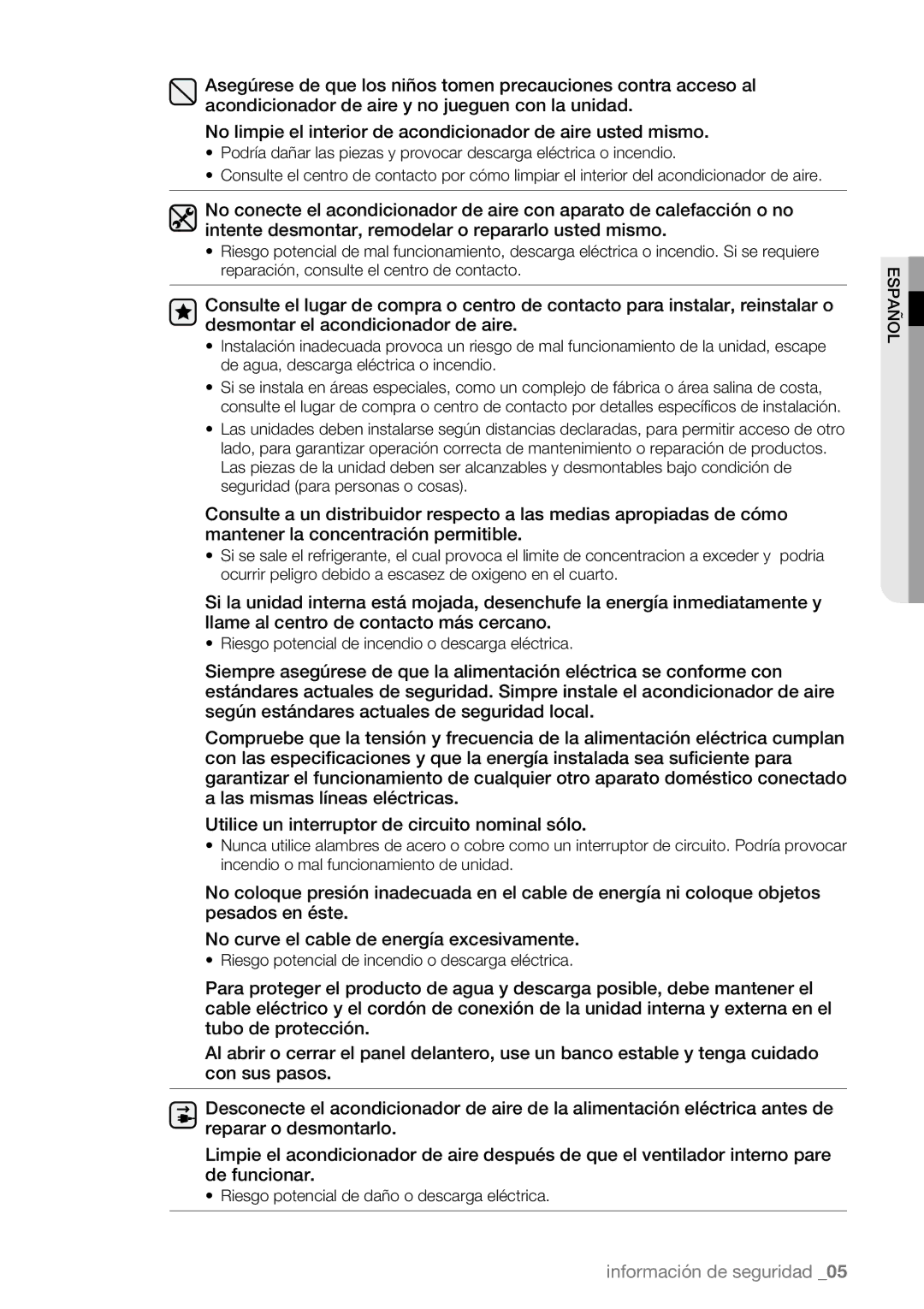 Samsung AQV18UGAN, AQV09AWBN, AQV09ABBX, AQV12AWBN, AQV12EWAN, AQV12ABBN manual Riesgo potencial de daño o descarga eléctrica 