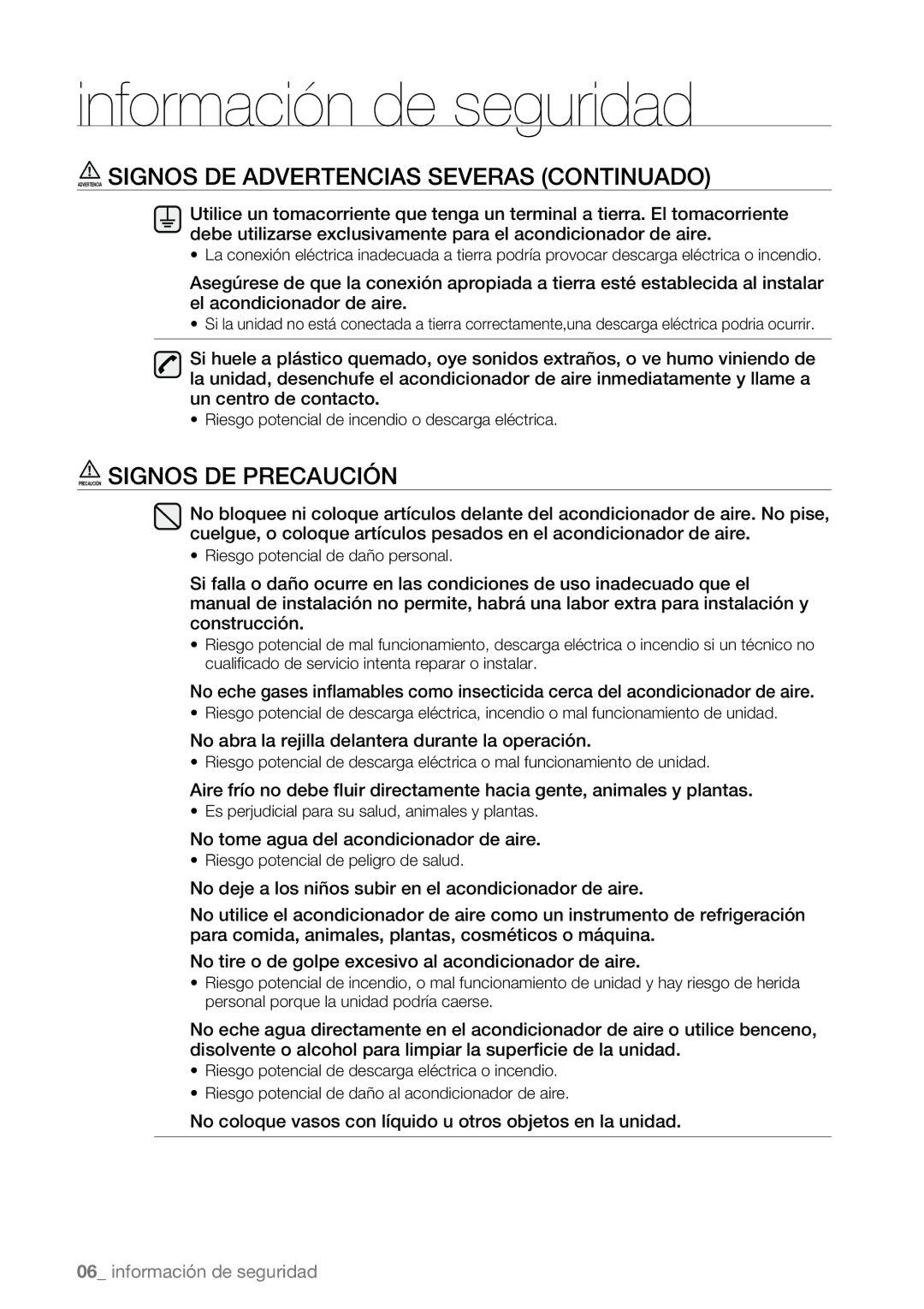 Samsung AQV12ABBX, AQV09AWBN manual Advertencia Signos DE Advertencias Severas Continuado, Precaución Signos DE Precaución 