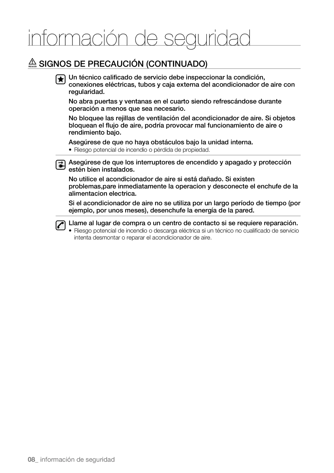 Samsung AQV09AWBX, AQV09AWBN, AQV09ABBX, AQV12AWBN, AQV12EWAN, AQV12ABBN, AQV18UGAN Precaución Signos DE Precaución Continuado 