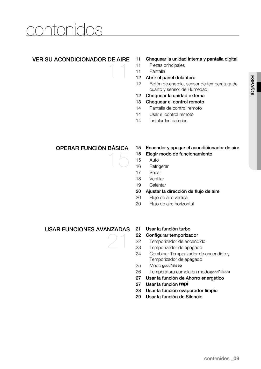 Samsung AQV09ABBN, AQV09AWBN Contenidos, Ver su acondicionador de aire, Operar función básica, Usar funciones avanzadas 