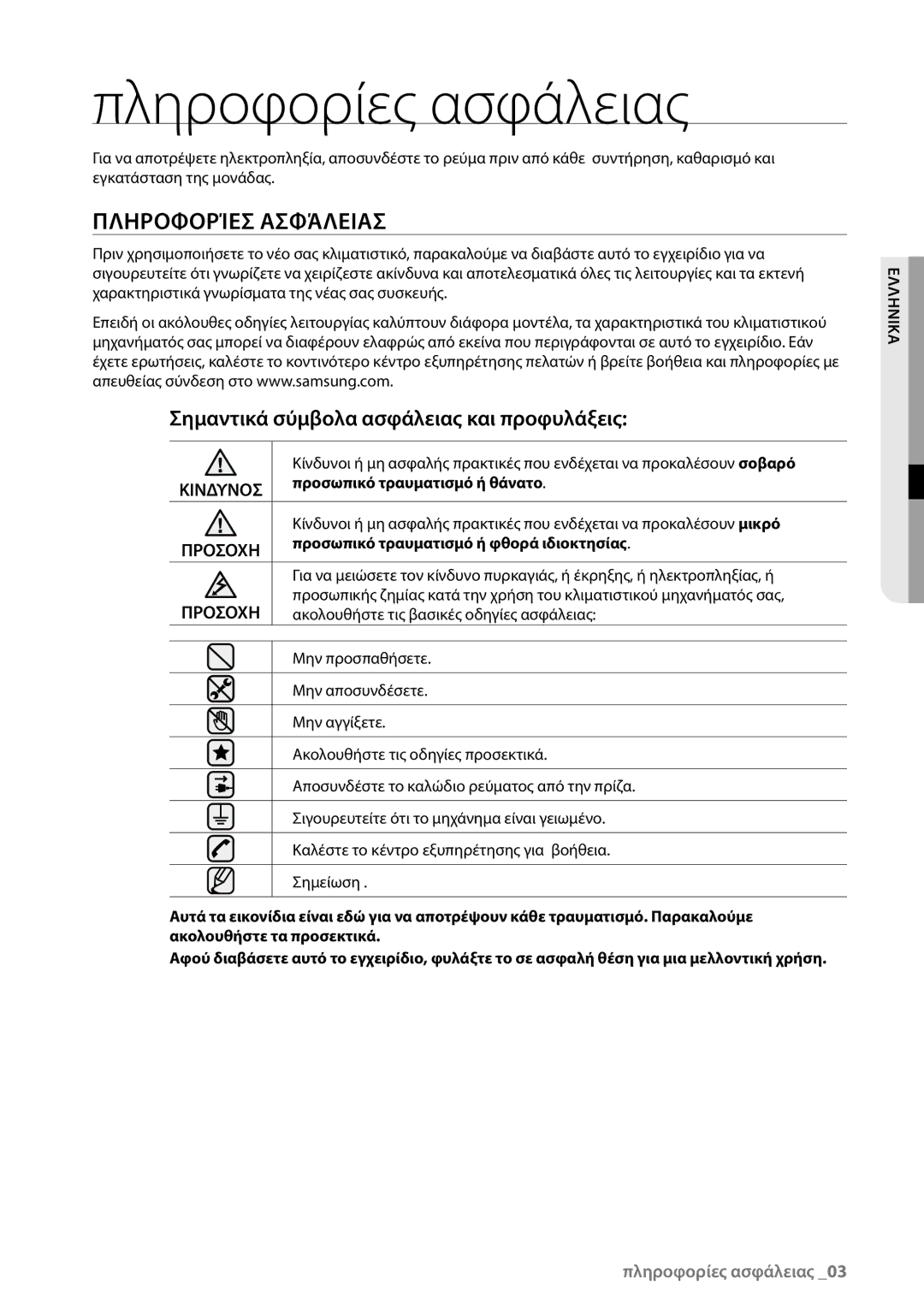 Samsung AQV18UGAN, AQV09AWBN, AQV12AWBN manual Σημαντικά σύμβολα ασφάλειας και προφυλάξεις, Προσωπικό τραυματισμό ή θάνατο 