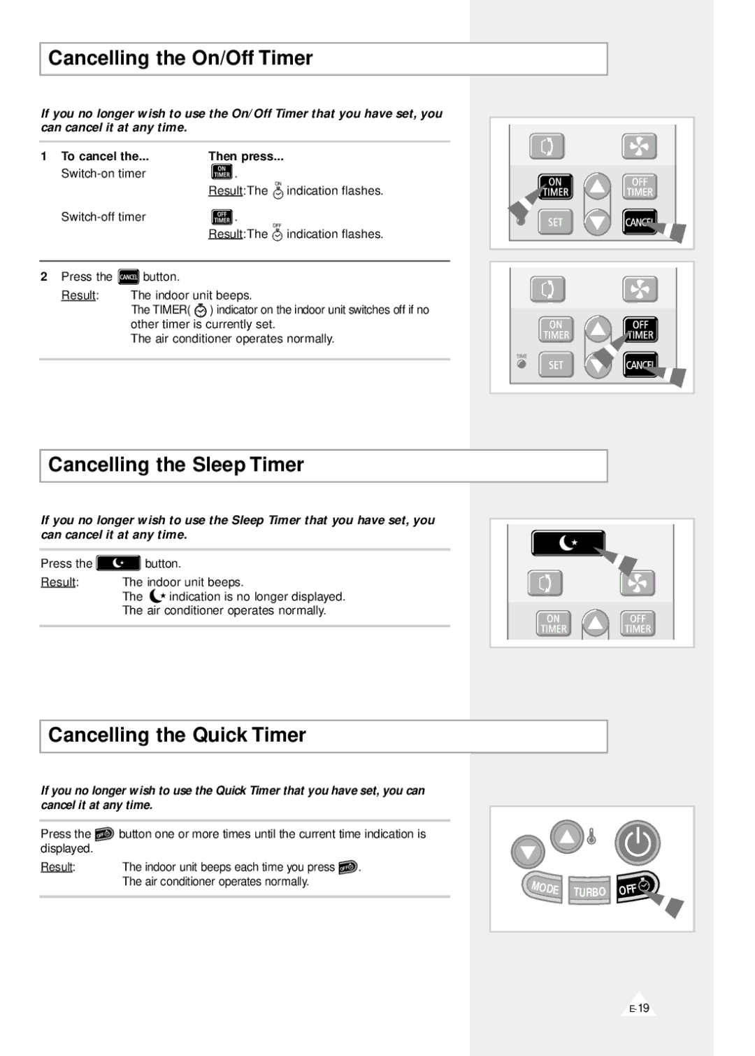 Samsung AQV12F2VE/D, AQV09F2VE/D manual Cancelling the On/Off Timer, Cancelling the Sleep Timer, Cancelling the Quick Timer 