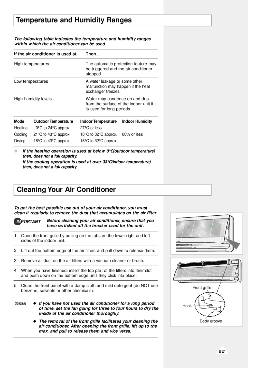 Samsung AQV12F2VE/D, AQV09F2VE/D Temperature and Humidity Ranges, Cleaning Your Air Conditioner, Mode, Indoor Humidity 