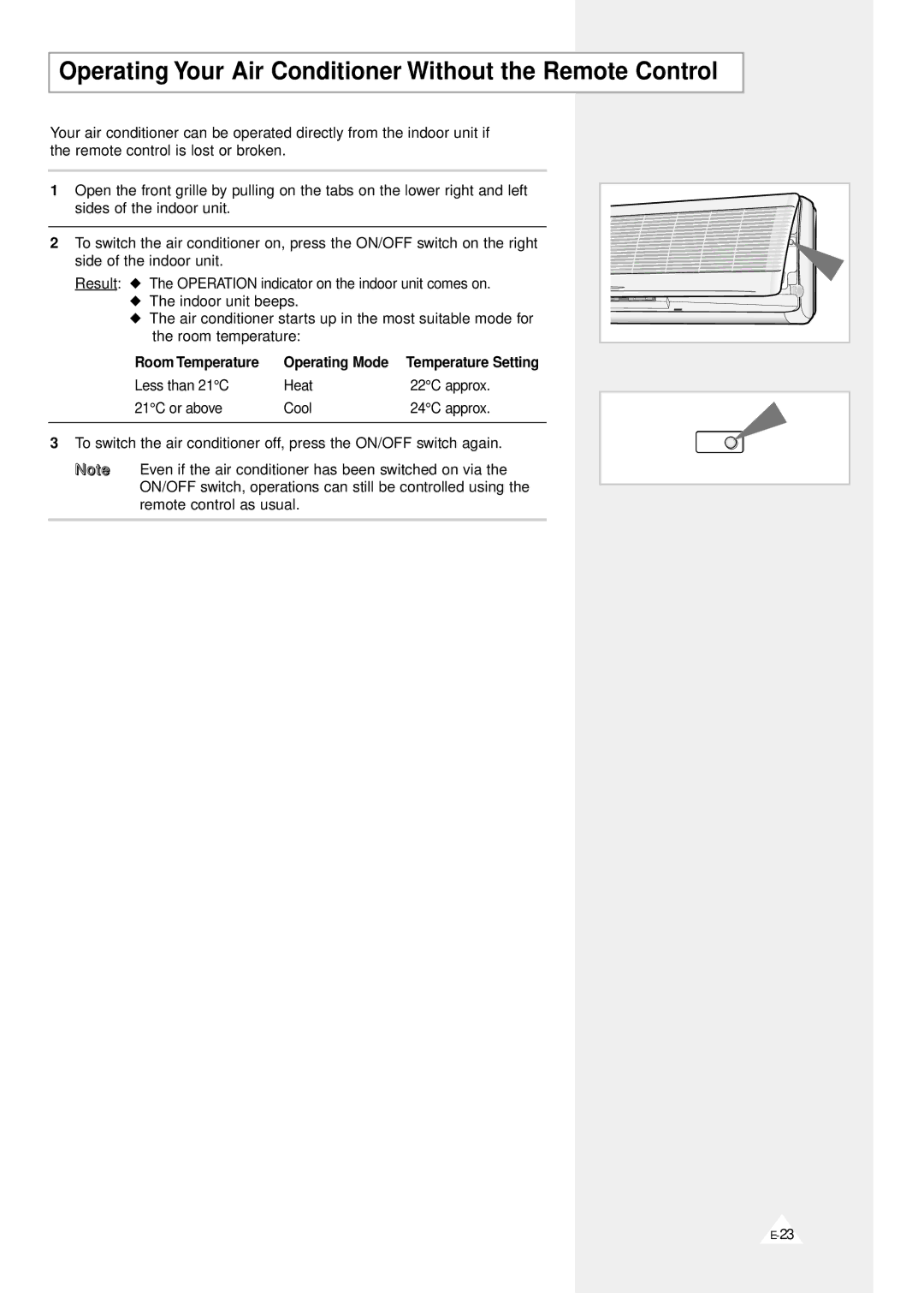 Samsung AQV12F2VE/D manual Operating Your Air Conditioner Without the Remote Control, Room Temperature Operating Mode 