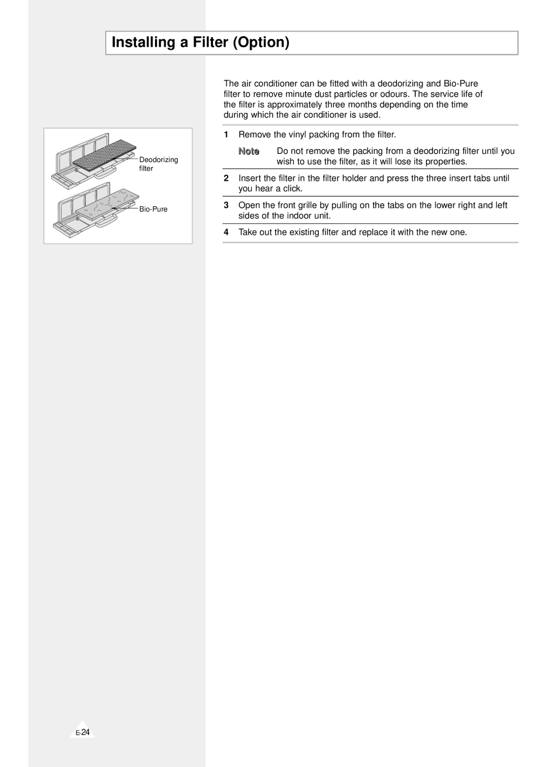 Samsung AQV09F2VE/D, AQV12F2VE/D manual Installing a Filter Option 