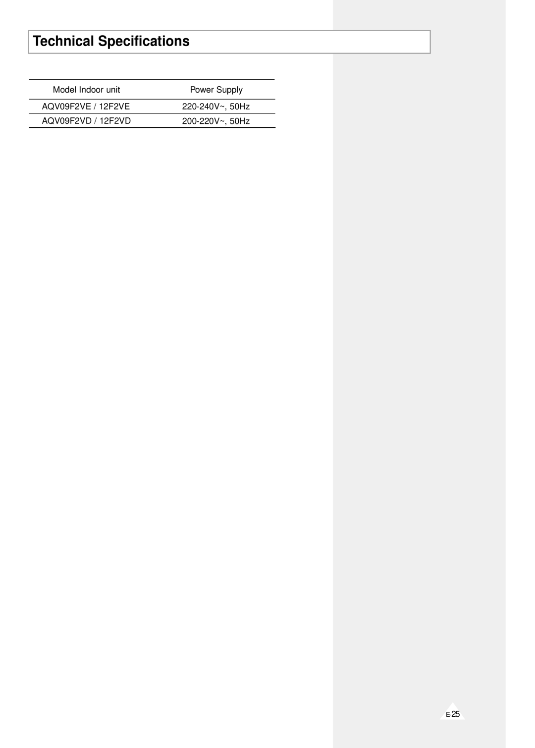 Samsung AQV12F2VE/D, AQV09F2VE/D manual Technical Specifications 