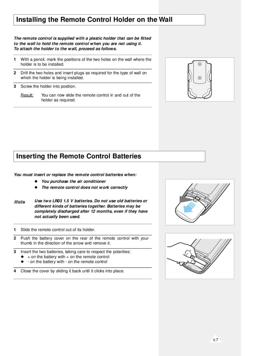 Samsung AQV12F2VE/D, AQV09F2VE/D Installing the Remote Control Holder on the Wall, Inserting the Remote Control Batteries 