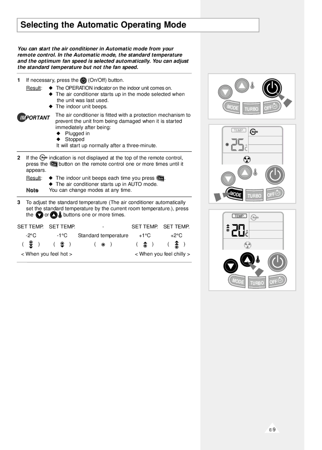 Samsung AQV12F2VE/D, AQV09F2VE/D manual Selecting the Automatic Operating Mode 