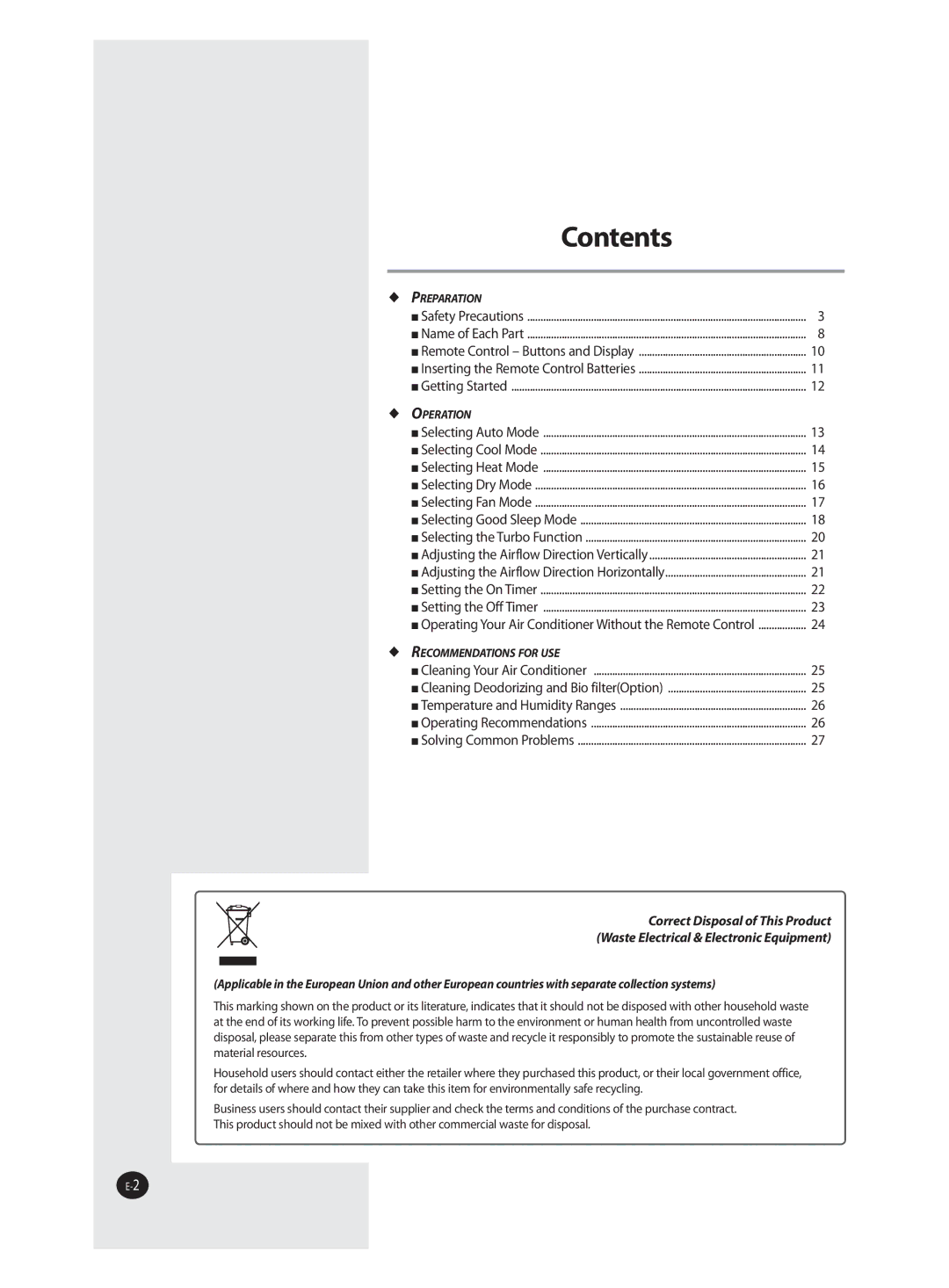 Samsung AQV18FAN, AQV09FAN, AQV09FAX, AQV12FAX, AQV24FAN, AQV18FAX, AQV12FAN, AQV24FAX manual Contents 