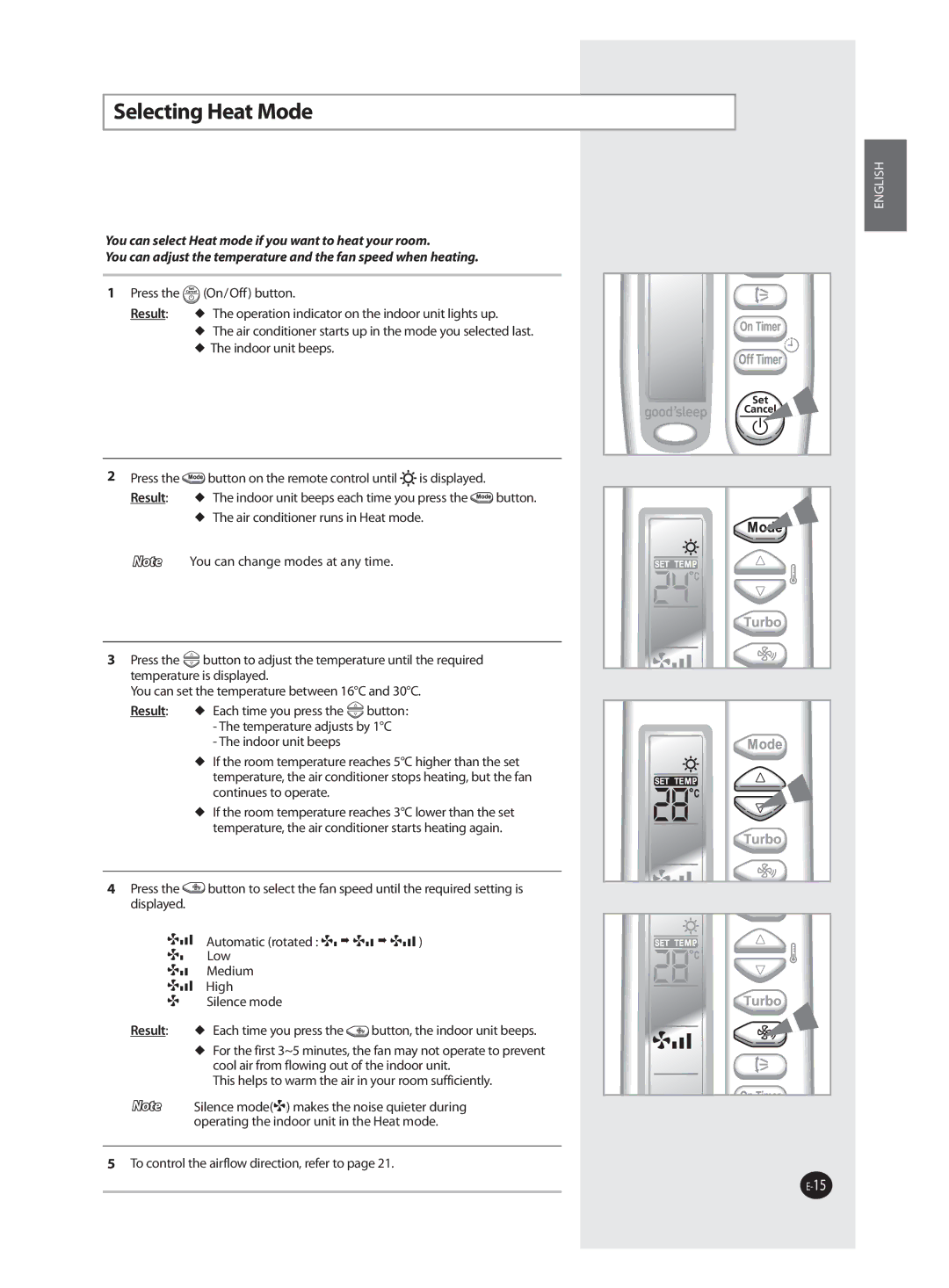 Samsung AQV12FAN, AQV09FAN, AQV18FAN, AQV09FAX, AQV12FAX, AQV24FAN, AQV18FAX, AQV24FAX manual Selecting Heat Mode 