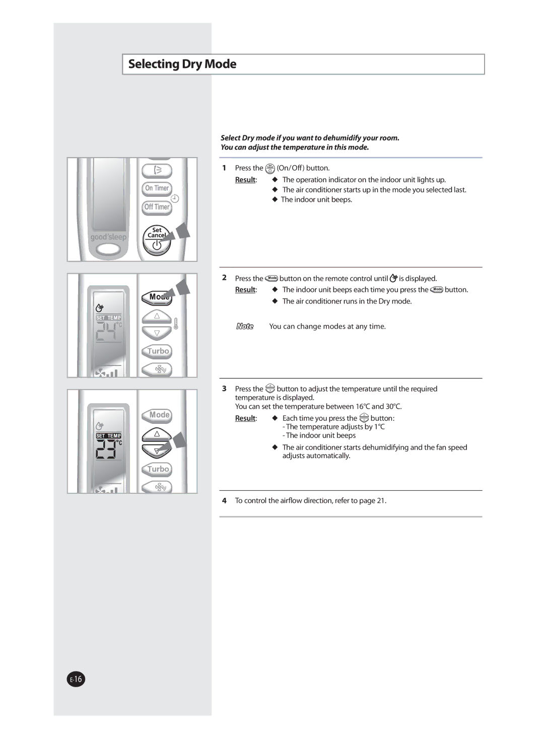 Samsung AQV24FAX, AQV09FAN, AQV18FAN, AQV09FAX, AQV12FAX, AQV24FAN, AQV18FAX, AQV12FAN manual Selecting Dry Mode 