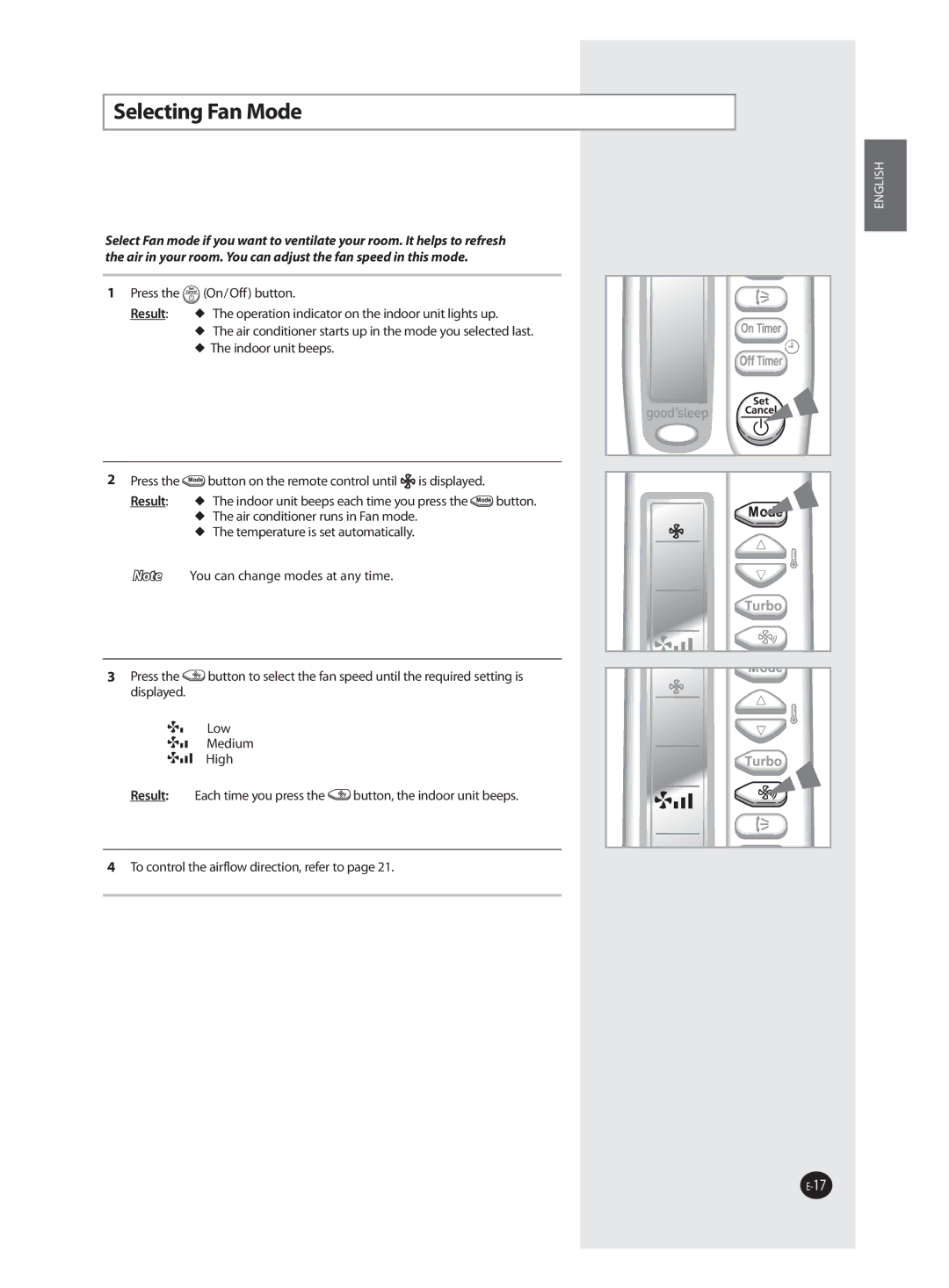 Samsung AQV09FAN, AQV18FAN, AQV09FAX, AQV12FAX, AQV24FAN, AQV18FAX, AQV12FAN, AQV24FAX manual Selecting Fan Mode 