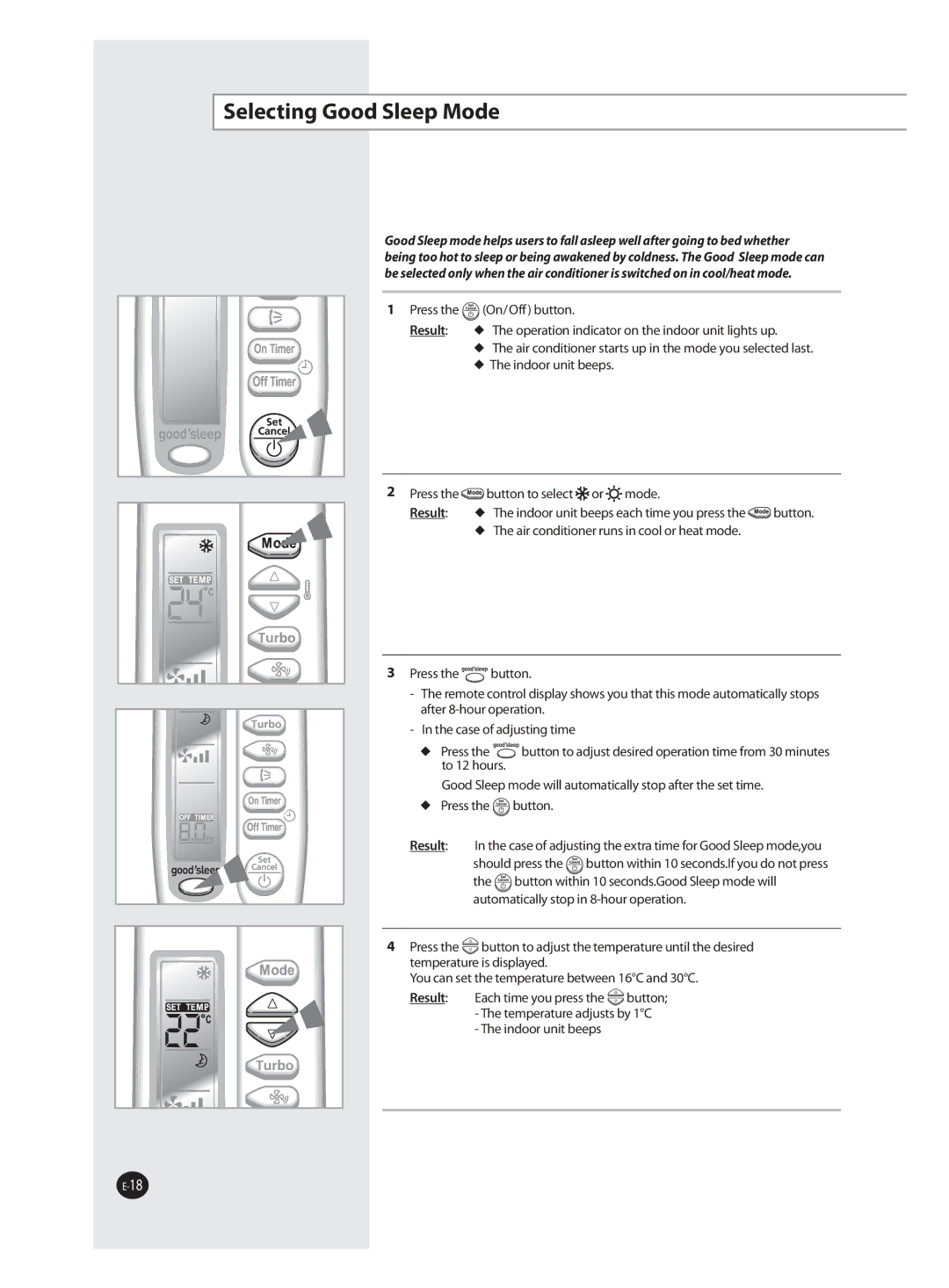 Samsung AQV18FAN, AQV09FAN, AQV09FAX, AQV12FAX, AQV24FAN, AQV18FAX, AQV12FAN, AQV24FAX manual Selecting Good Sleep Mode 