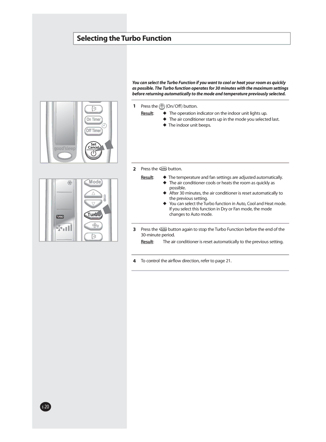 Samsung AQV12FAX, AQV09FAN, AQV18FAN, AQV09FAX, AQV24FAN, AQV18FAX, AQV12FAN, AQV24FAX manual Selecting the Turbo Function 