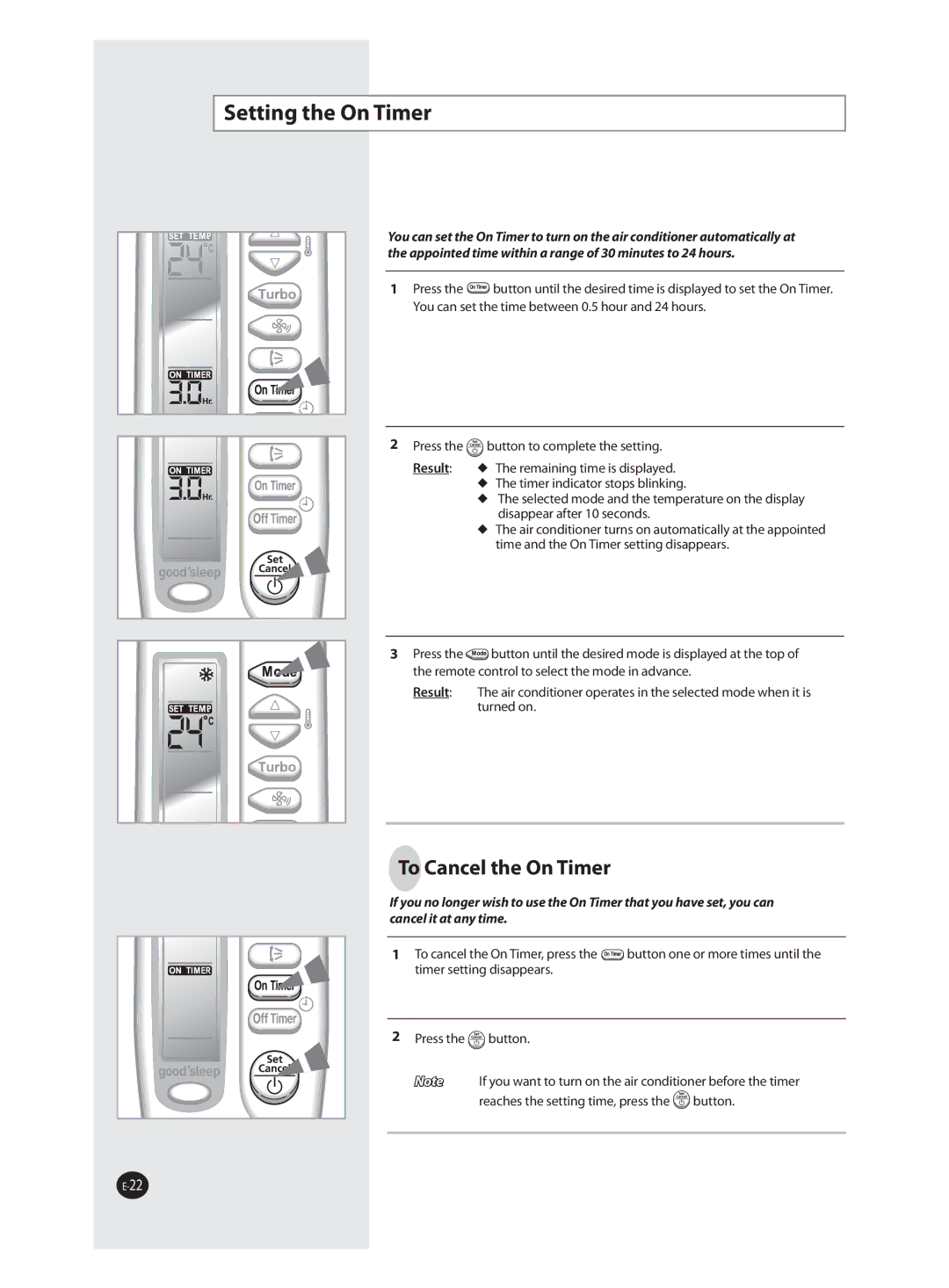 Samsung AQV18FAX, AQV09FAN, AQV18FAN, AQV09FAX, AQV12FAX, AQV24FAN, AQV12FAN manual Setting the On Timer, To Cancel the On Timer 