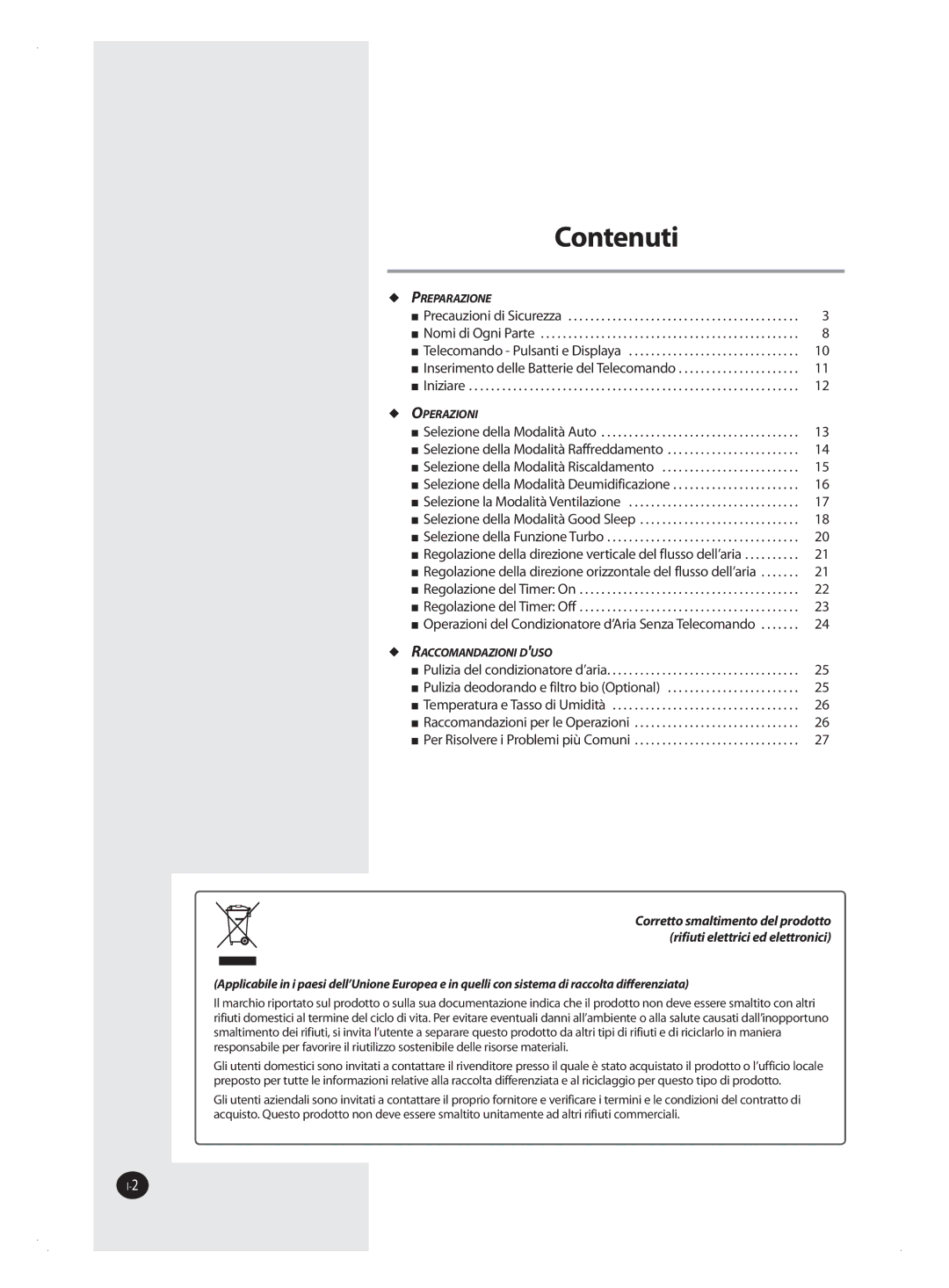 Samsung AQV18FAN, AQV09FAN, AQV09FAX, AQV12FAX, AQV24FAN, AQV18FAX, AQV12FAN, AQV24FAX manual Contenuti 