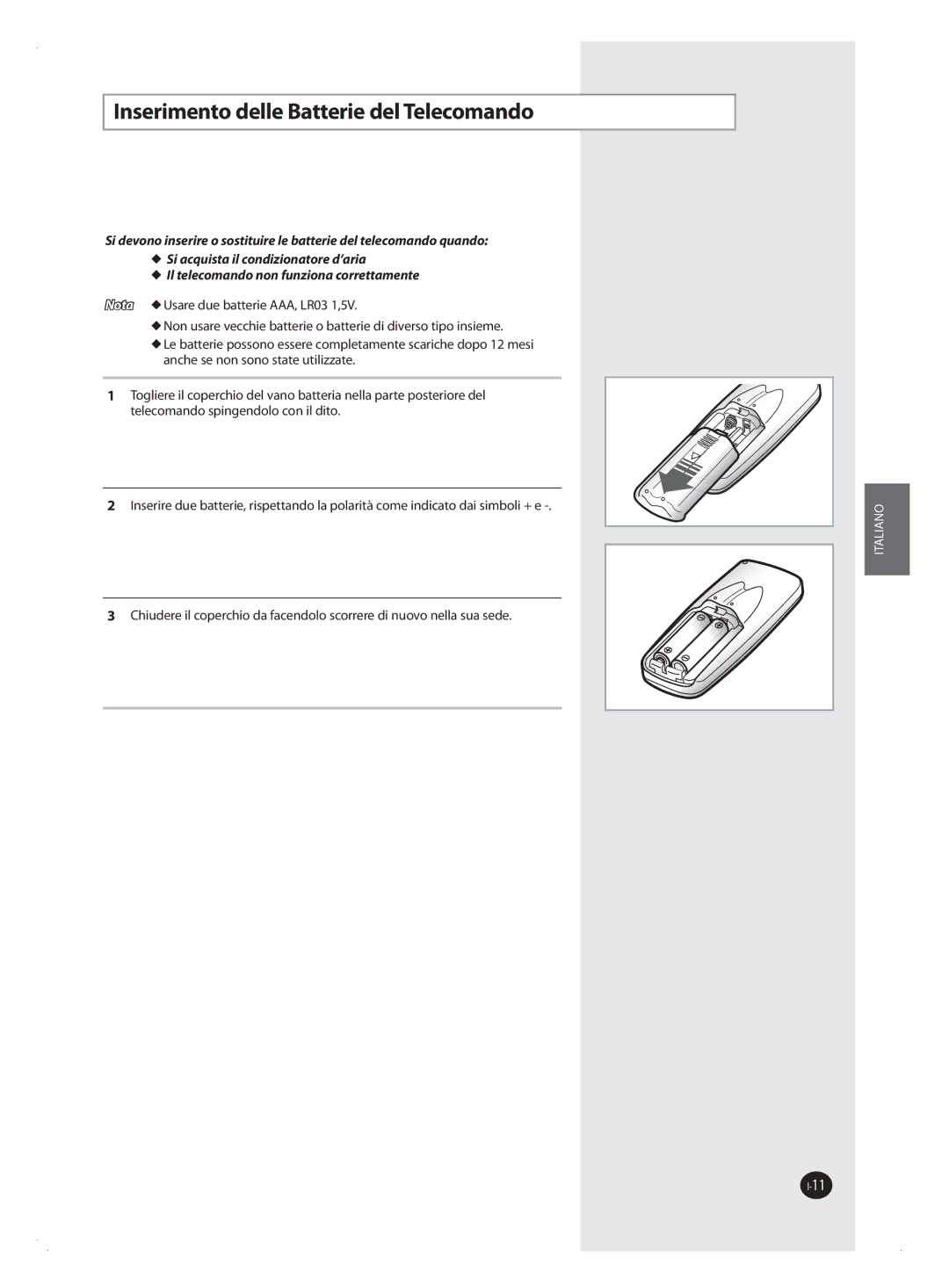 Samsung AQV09FAX, AQV09FAN, AQV18FAN, AQV12FAX, AQV24FAN, AQV18FAX, AQV12FAN manual Inserimento delle Batterie del Telecomando 