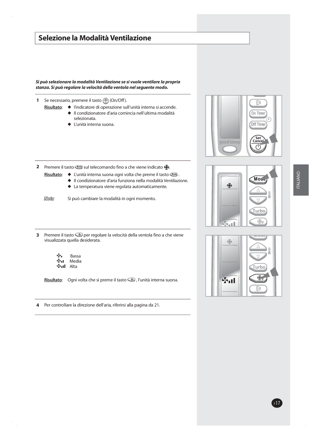 Samsung AQV09FAN, AQV18FAN, AQV09FAX, AQV12FAX, AQV24FAN, AQV18FAX, AQV12FAN, AQV24FAX manual Selezione la Modalità Ventilazione 