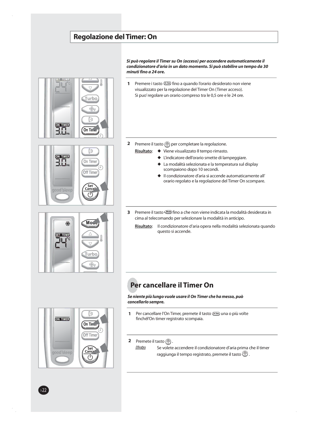 Samsung AQV18FAX, AQV09FAN, AQV18FAN, AQV09FAX, AQV12FAX, AQV24FAN manual Regolazione del Timer On, Per cancellare il Timer On 