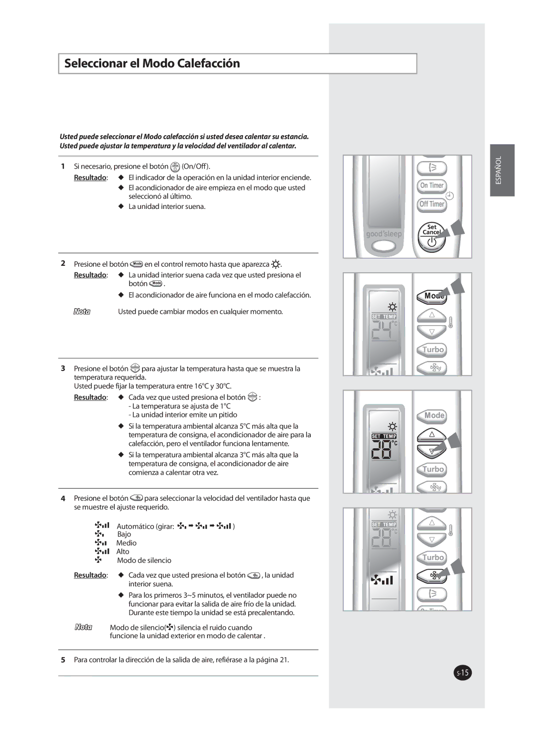 Samsung AQV12FAN, AQV09FAN, AQV18FAN, AQV09FAX, AQV12FAX, AQV24FAN, AQV18FAX Seleccionar el Modo Calefacción, Interior suena 