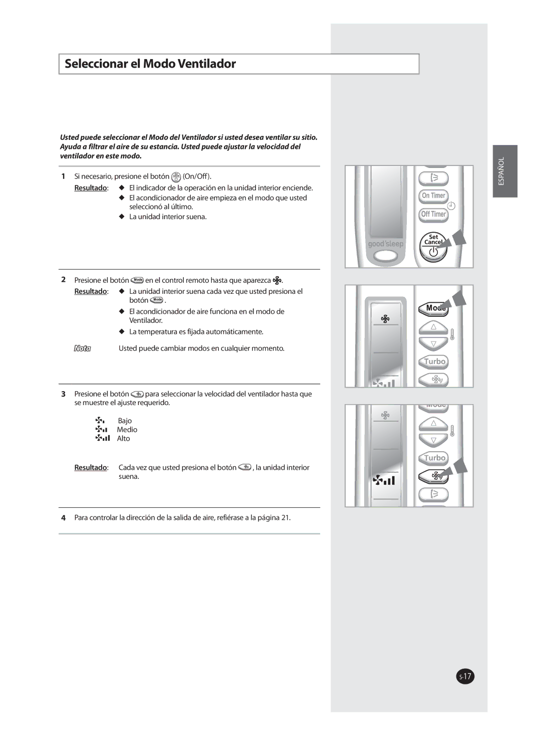 Samsung AQV09FAN, AQV18FAN, AQV09FAX, AQV12FAX, AQV24FAN, AQV18FAX, AQV12FAN, AQV24FAX manual Seleccionar el Modo Ventilador 