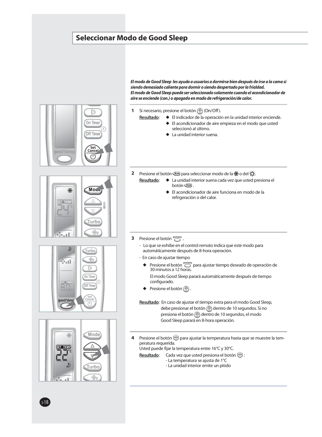 Samsung AQV18FAN, AQV09FAN, AQV09FAX, AQV12FAX, AQV24FAN, AQV18FAX, AQV12FAN manual Seleccionar Modo de Good Sleep, Resultado  