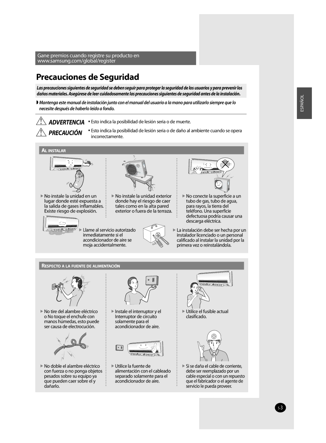 Samsung AQV09FAX, AQV09FAN, AQV18FAN, AQV12FAX, AQV24FAN, AQV18FAX, AQV12FAN, AQV24FAX manual Precauciones de Seguridad 