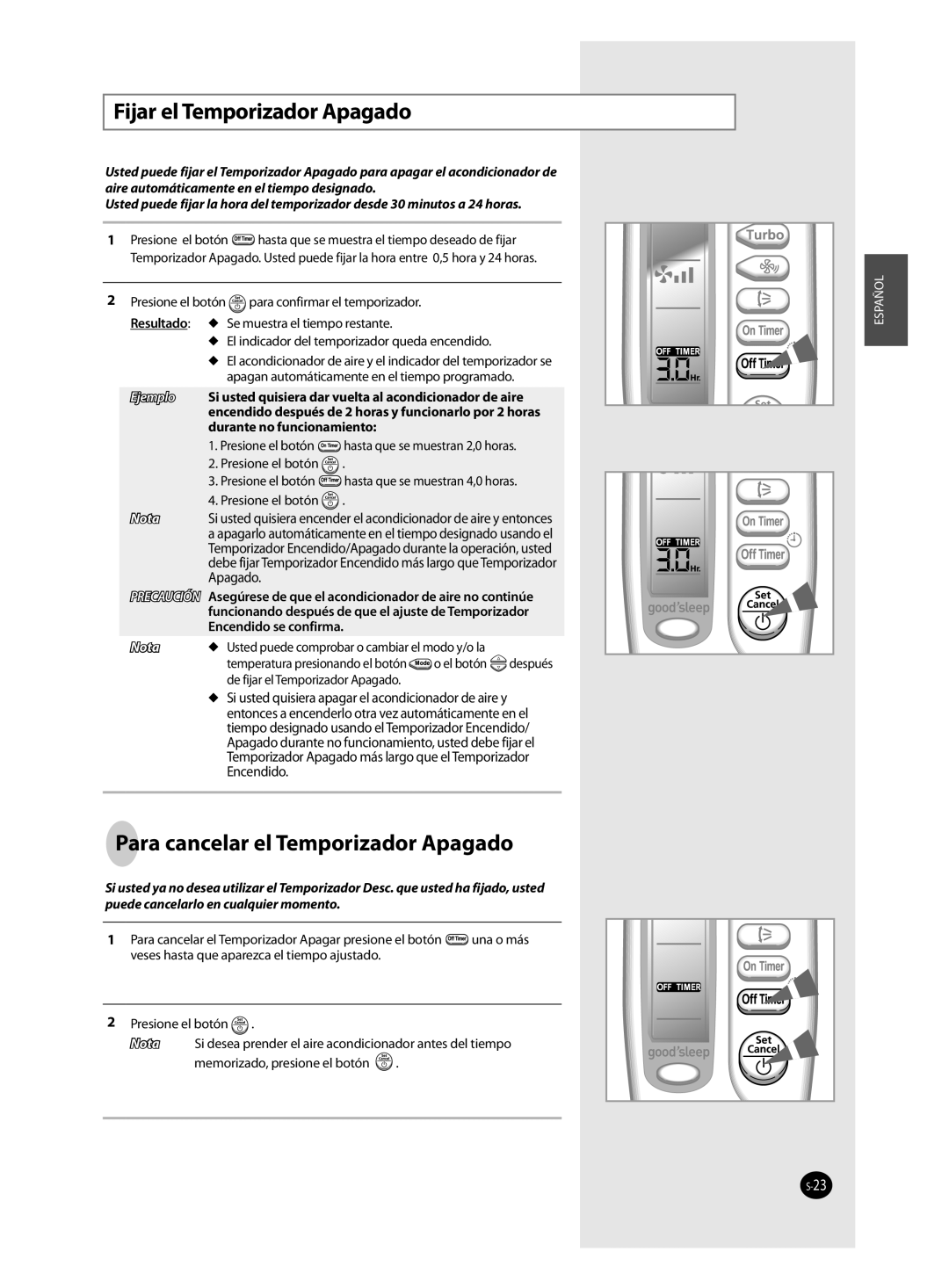 Samsung AQV12FAN, AQV09FAN, AQV18FAN, AQV09FAX, AQV12FAX Fijar el Temporizador Apagado, Para cancelar el Temporizador Apagado 