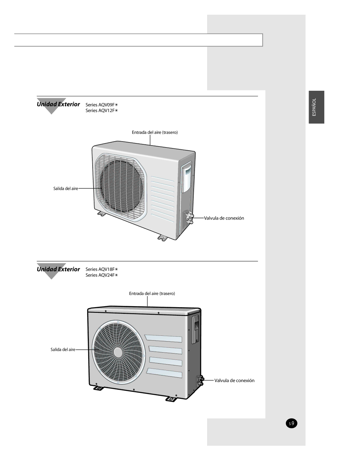 Samsung AQV09FAN, AQV18FAN, AQV09FAX, AQV12FAX, AQV24FAN, AQV18FAX, AQV12FAN, AQV24FAX manual Unidad Exterior Series AQV09F 