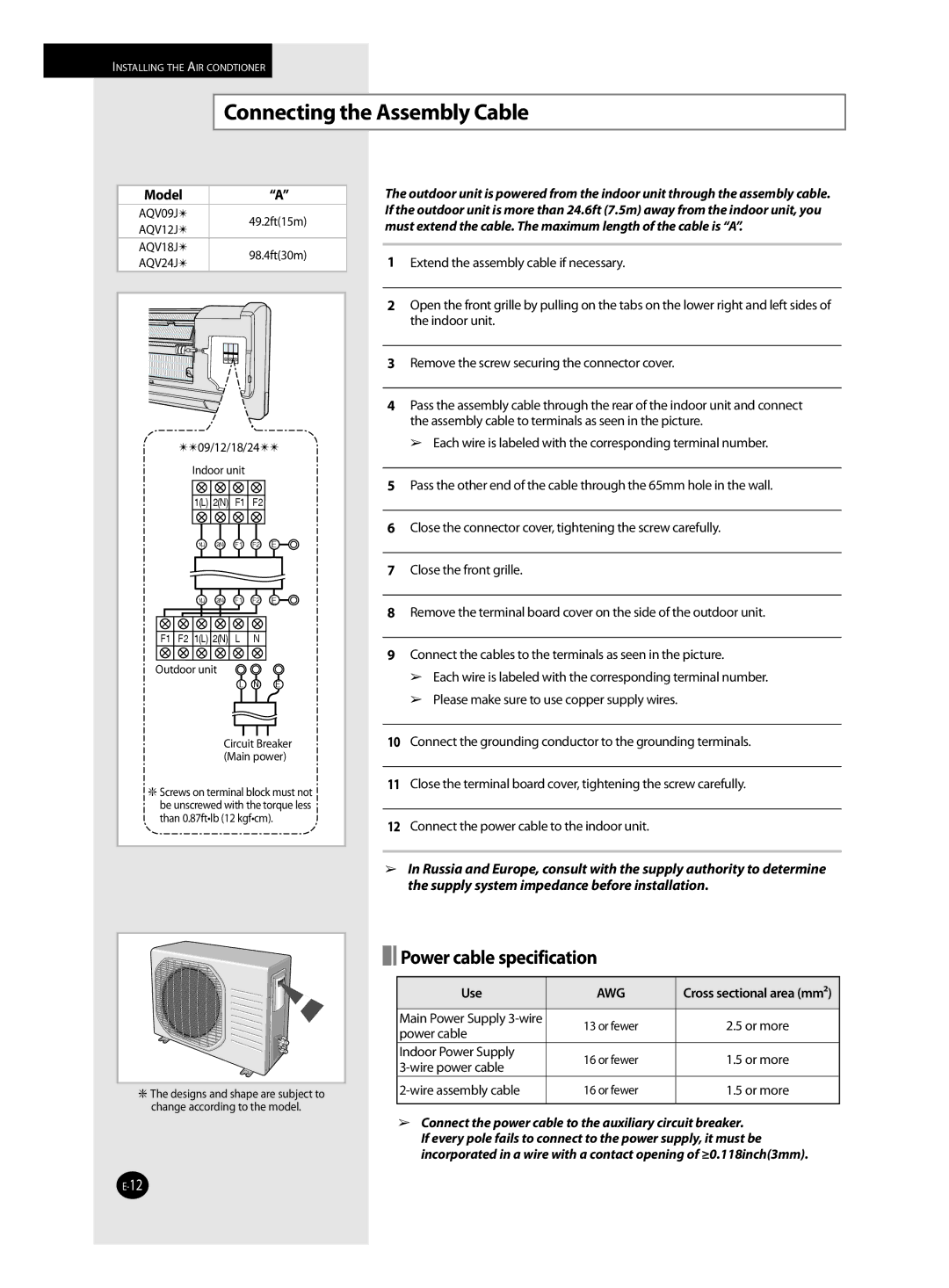 Samsung AQV09J installation manual Connecting the Assembly Cable, 09/12/18/24 