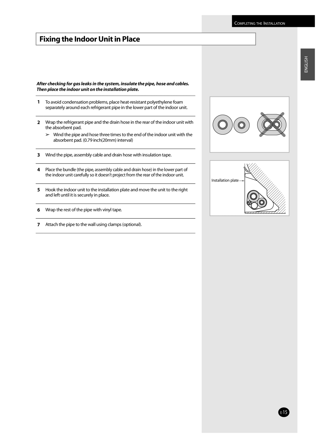 Samsung AQV09J installation manual Fixing the Indoor Unit in Place 