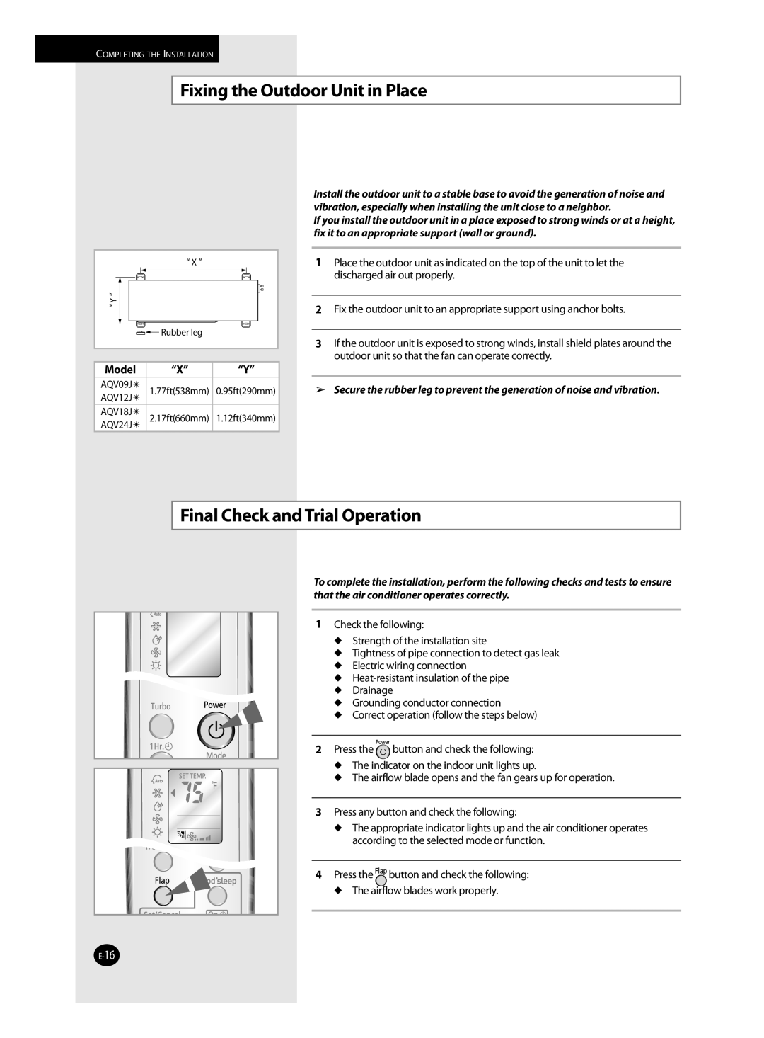Samsung AQV09J installation manual Fixing the Outdoor Unit in Place, Final Check and Trial Operation 