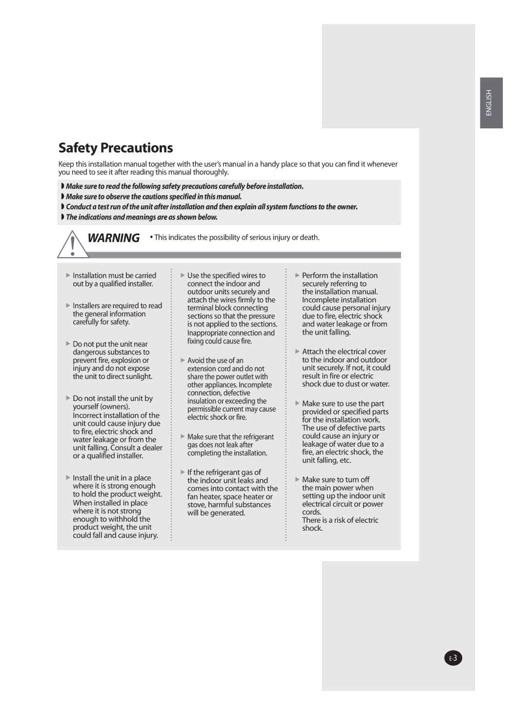 Samsung AQV09J installation manual Safety Precautions 