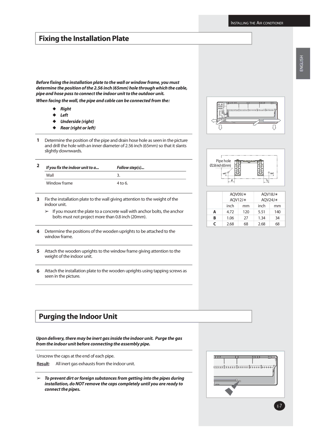 Samsung AQV09J installation manual Fixing the Installation Plate, Purging the Indoor Unit 